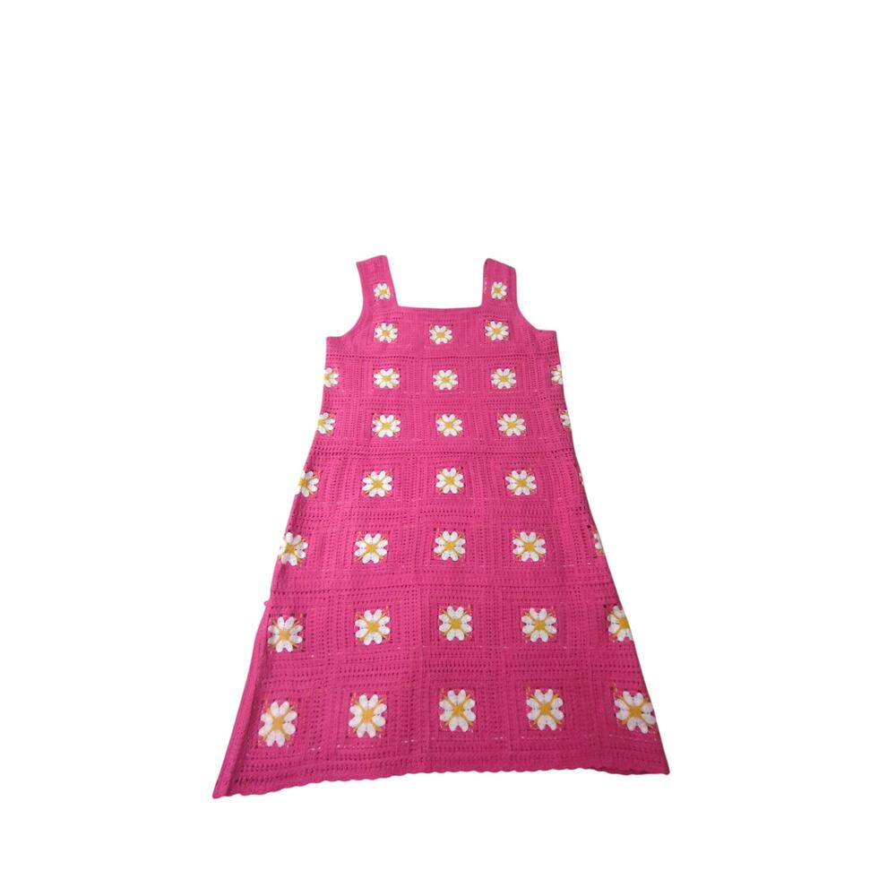 Pink Magenta Crochet Dress 3D Floral Daisy Open Knit Boho Festival Tunic